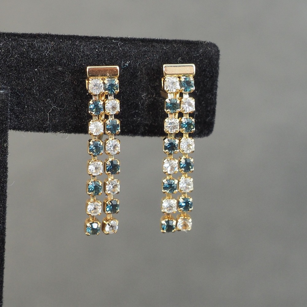 Avon Earrings Women Gold Tone Smokey Gray Rhinestone Clip On Dangle Vintage